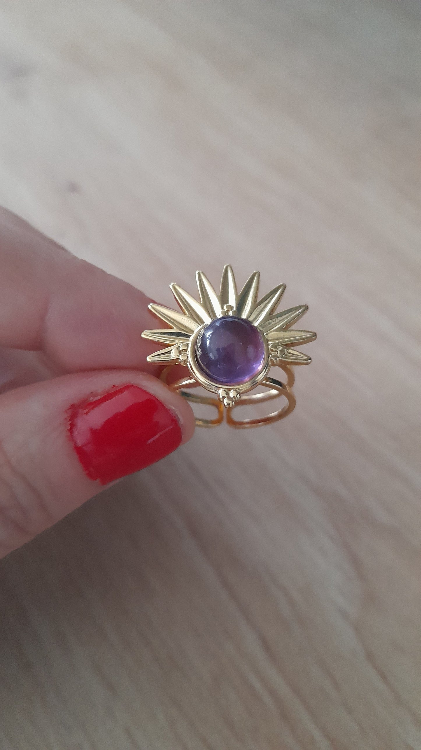 Bague demi soleil améthyste pouvoir des pierres, acier inoxydable