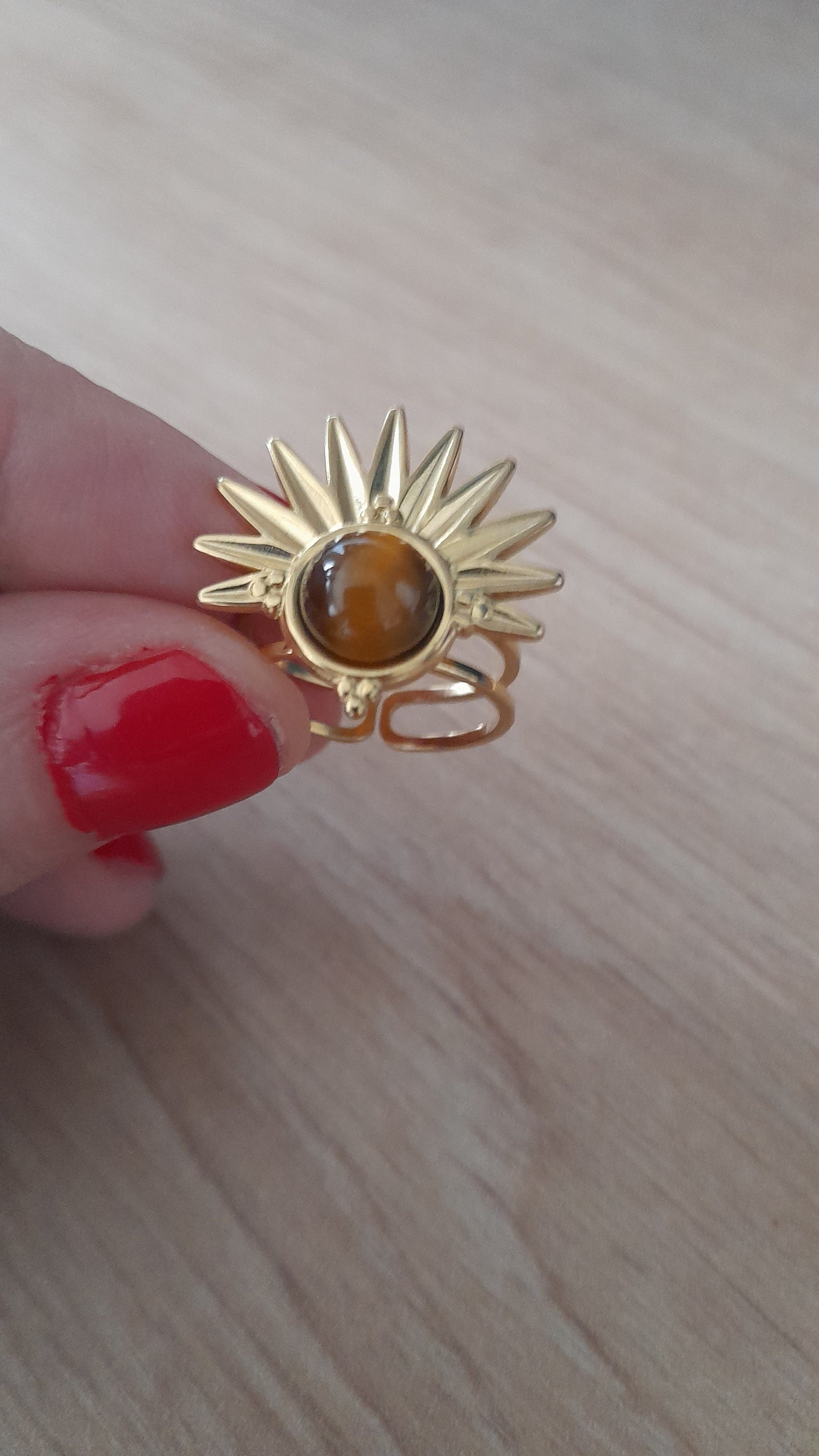 Bague demi soleil oeil de tigre, acier inoxydable, pouvoir des pierres