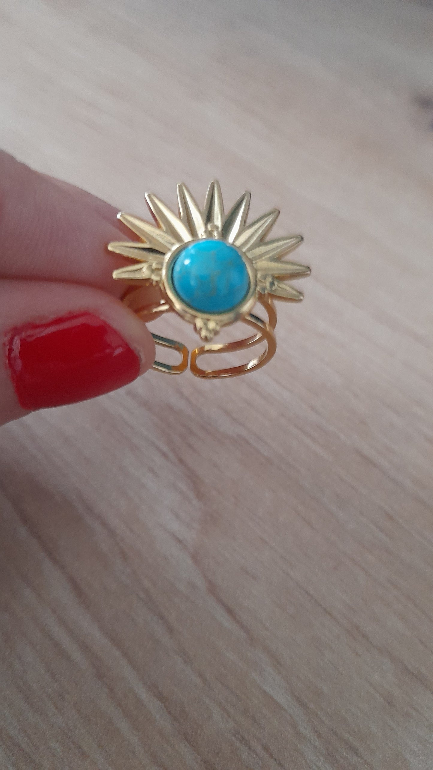 Bague demi soleil turquoise, pouvoir des pierres, acier inoxydable