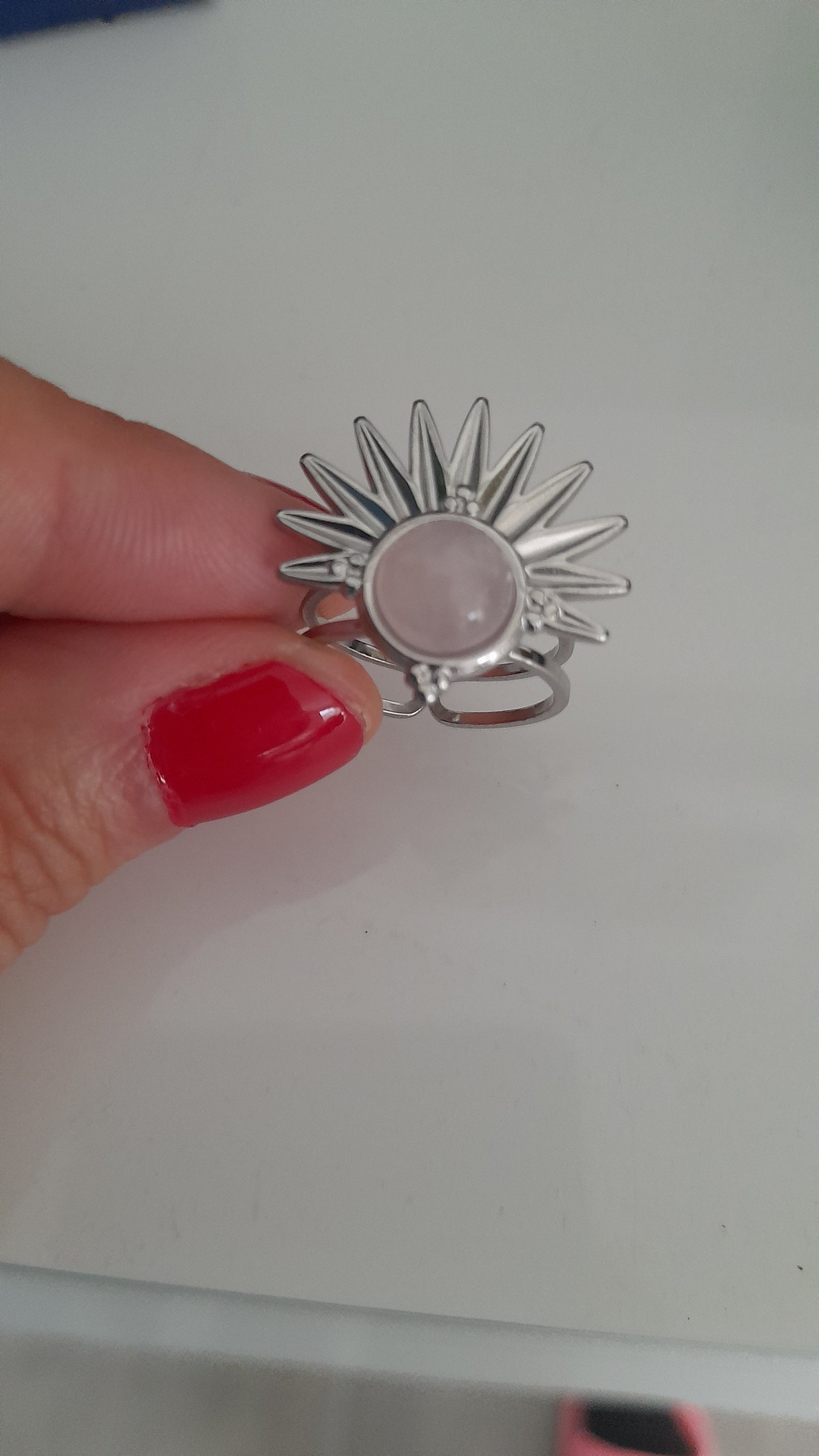 Bague demi soleil quartz rose, acier inoxydable, pouvoir des pierres