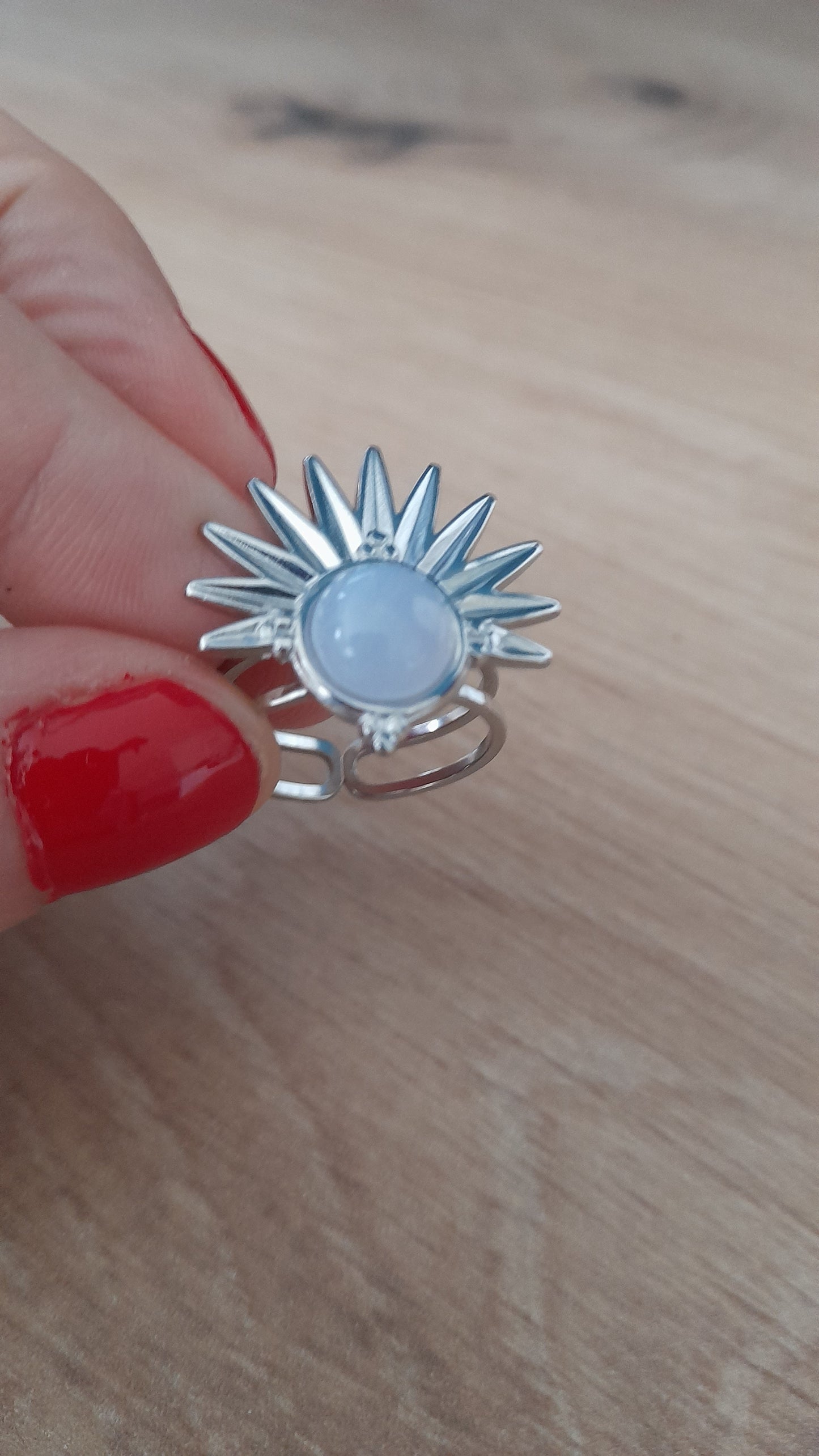Bague demi soleil calcédoine, pouvoir des pierres, acier inoxydable