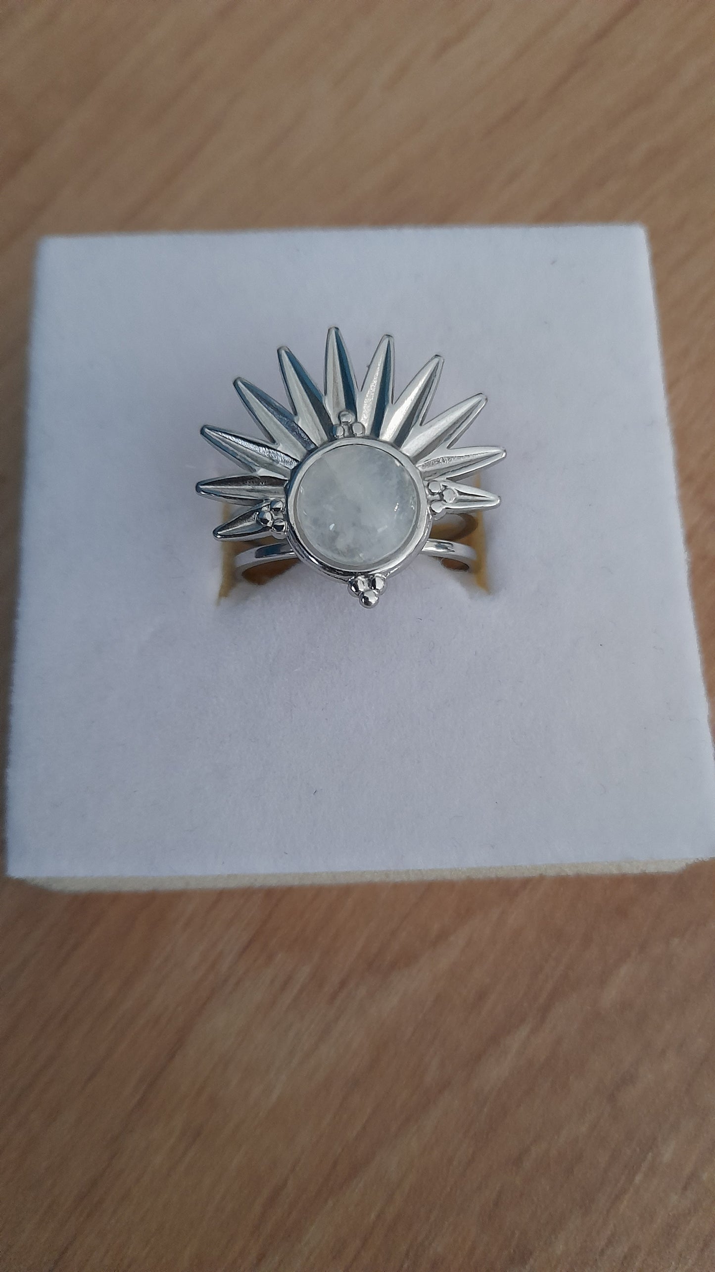 Bague demi soleil pierre de lune, pouvoir des pierres, acier inoxydable