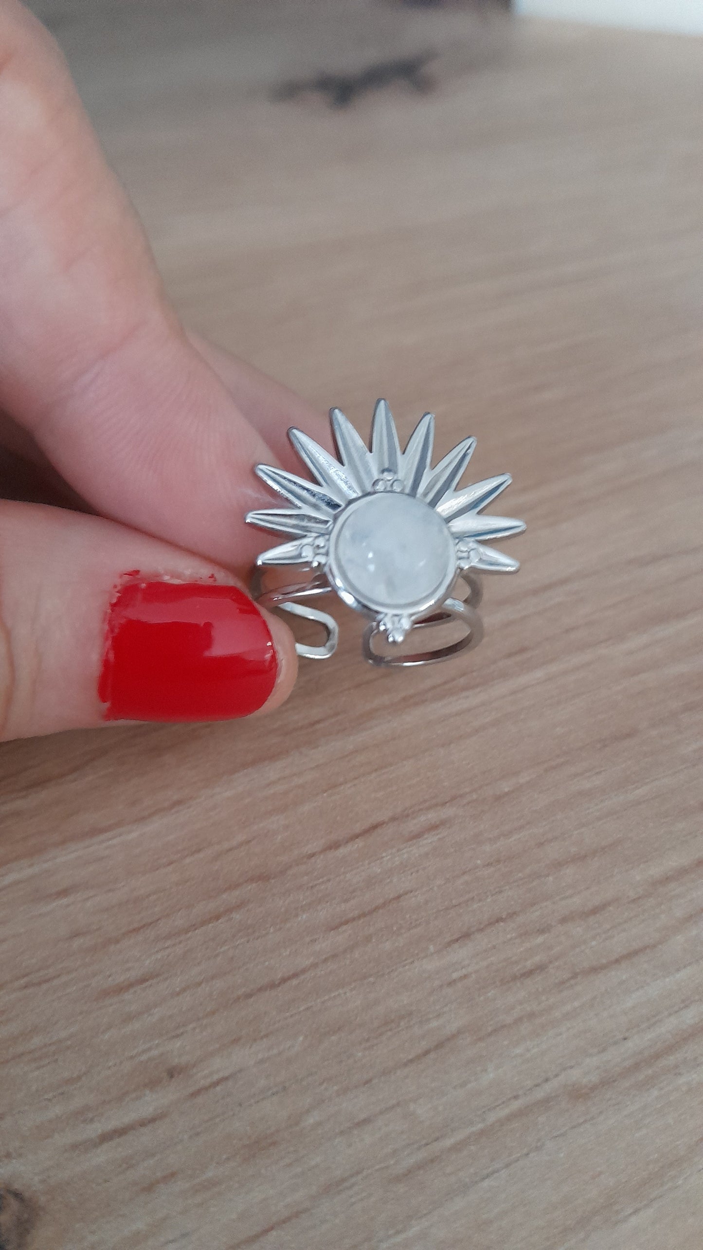 Bague demi soleil pierre de lune, pouvoir des pierres, acier inoxydable