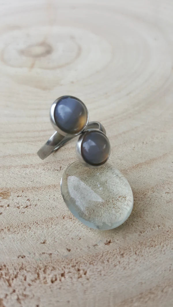 Bague double cabochon rond - pierres naturelles