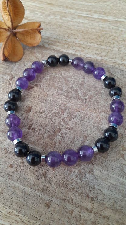 Bracelet homme anti stress améthyste, agate noire, pouvoir des pierres, cristaux