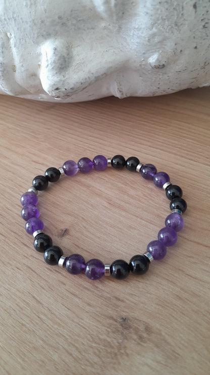 Bracelet homme anti stress améthyste, agate noire, pouvoir des pierres, cristaux