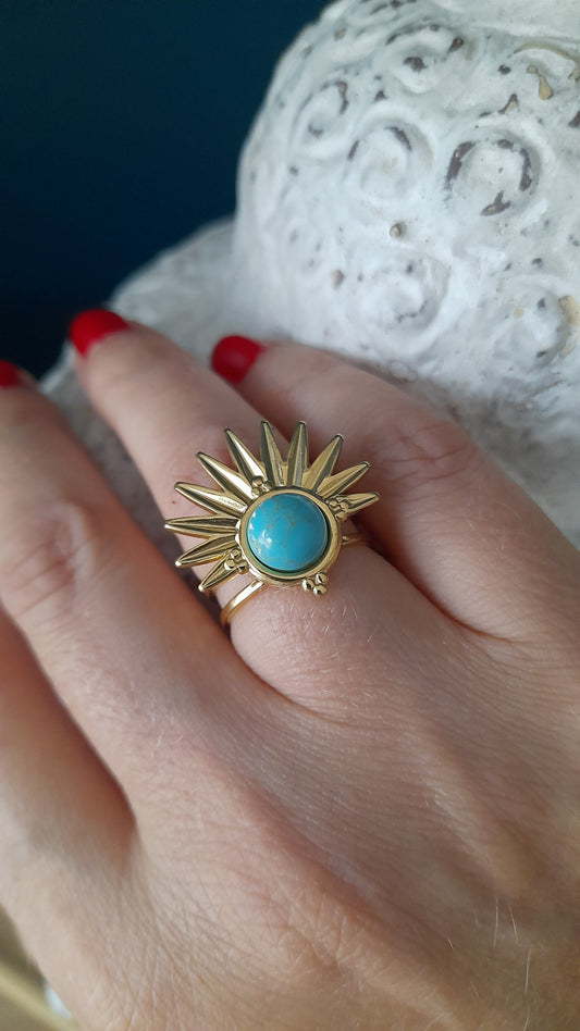 Bague demi soleil turquoise, pouvoir des pierres, acier inoxydable