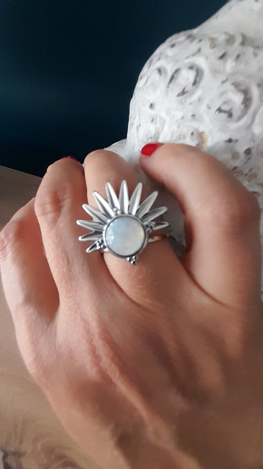 Bague demi soleil pierre de lune, pouvoir des pierres, acier inoxydable