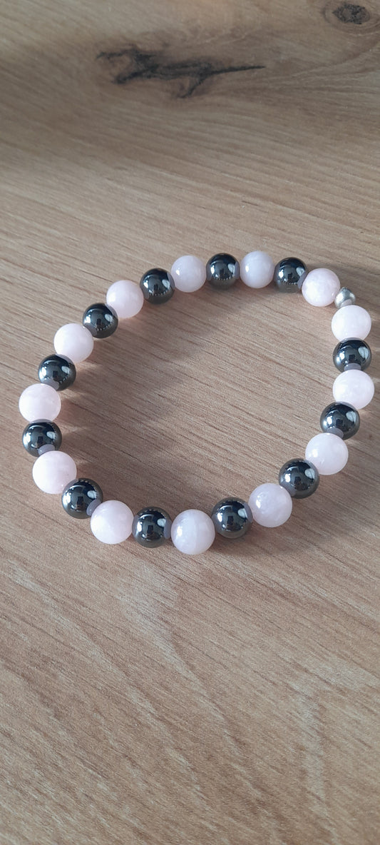 bracelet positivité et tendresse quartz rose et hématite