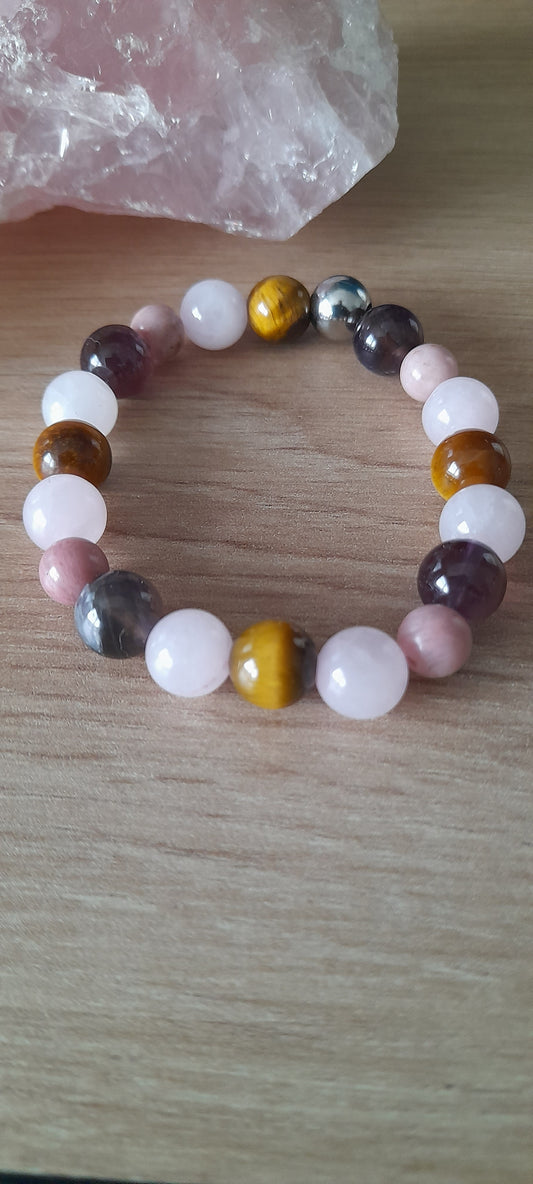 Quartz rose, rhodonite, améthyste, oeil de tigre, litho, bracelet enfant