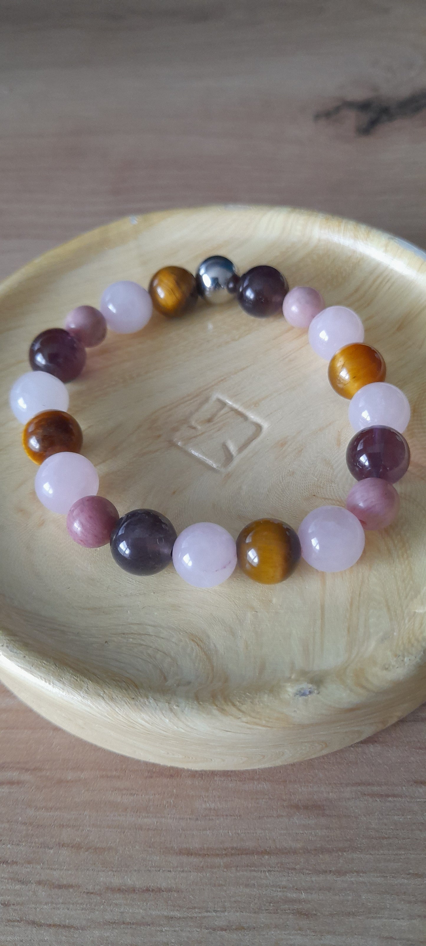 Quartz rose, rhodonite, améthyste, oeil de tigre, litho, bracelet enfant
