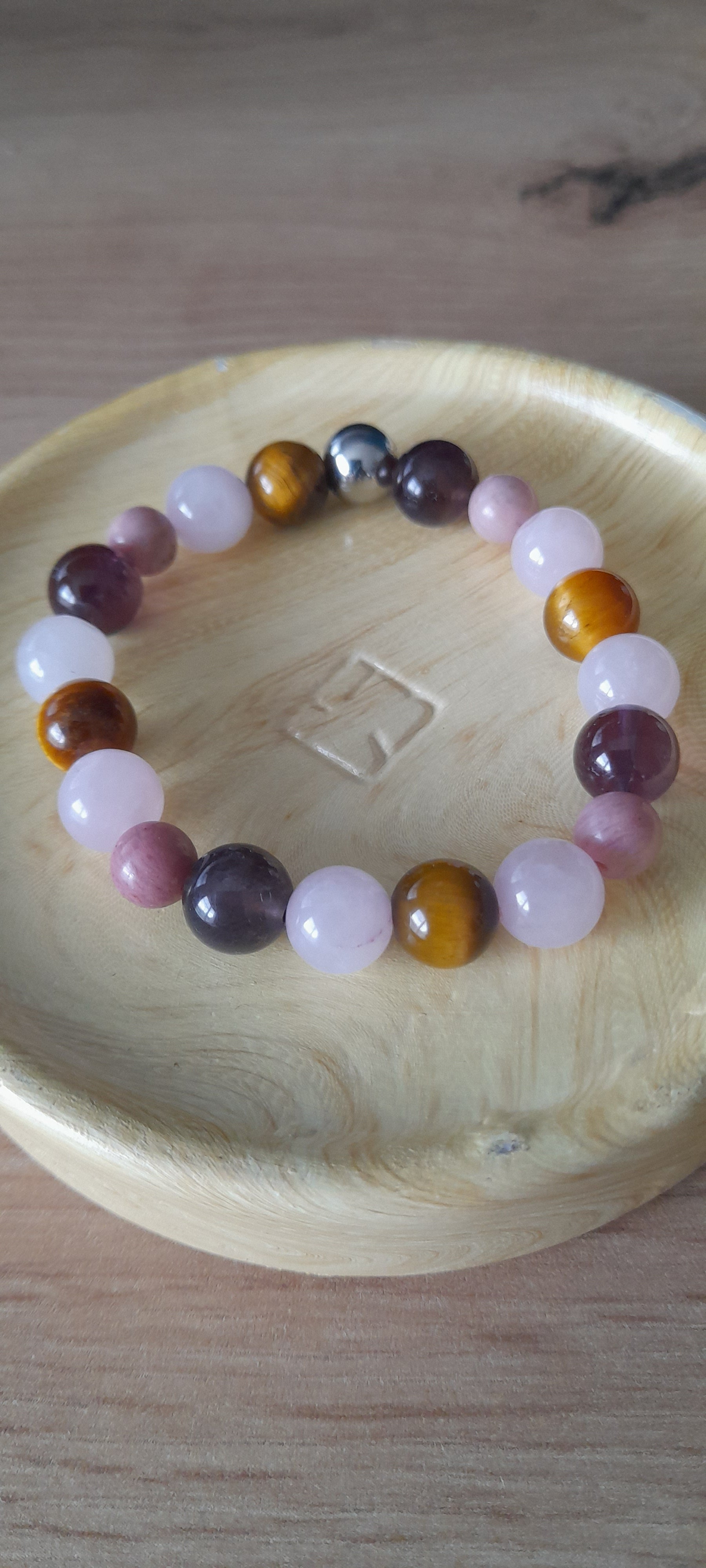 Quartz rose, rhodonite, améthyste, oeil de tigre, litho, bracelet enfant