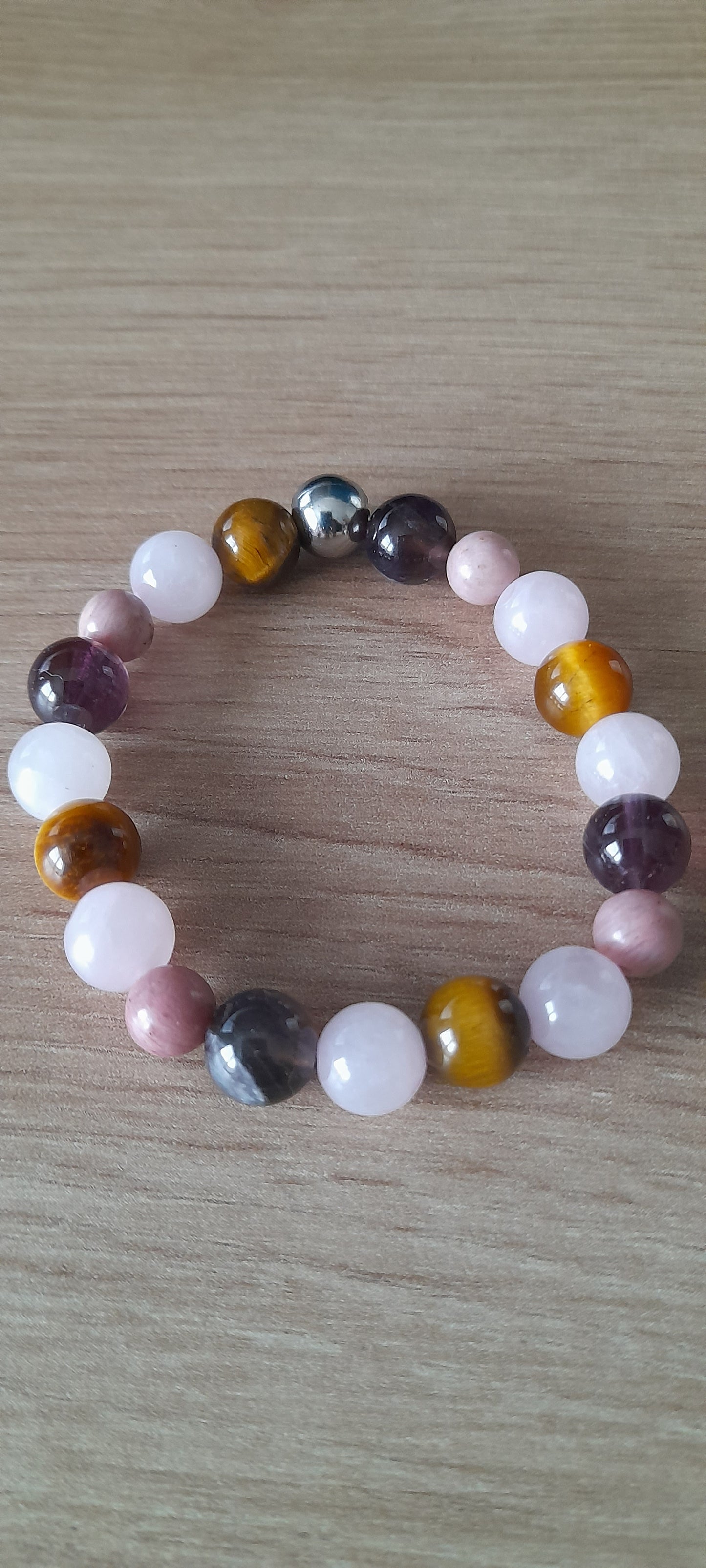 Quartz rose, rhodonite, améthyste, oeil de tigre, litho, bracelet enfant