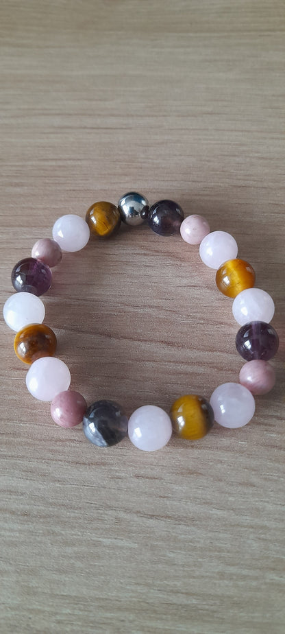 Quartz rose, rhodonite, améthyste, oeil de tigre, litho, bracelet enfant