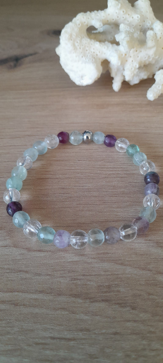 Bracelet fluorite arc en ciel cristal de roche, pierre naturelle
