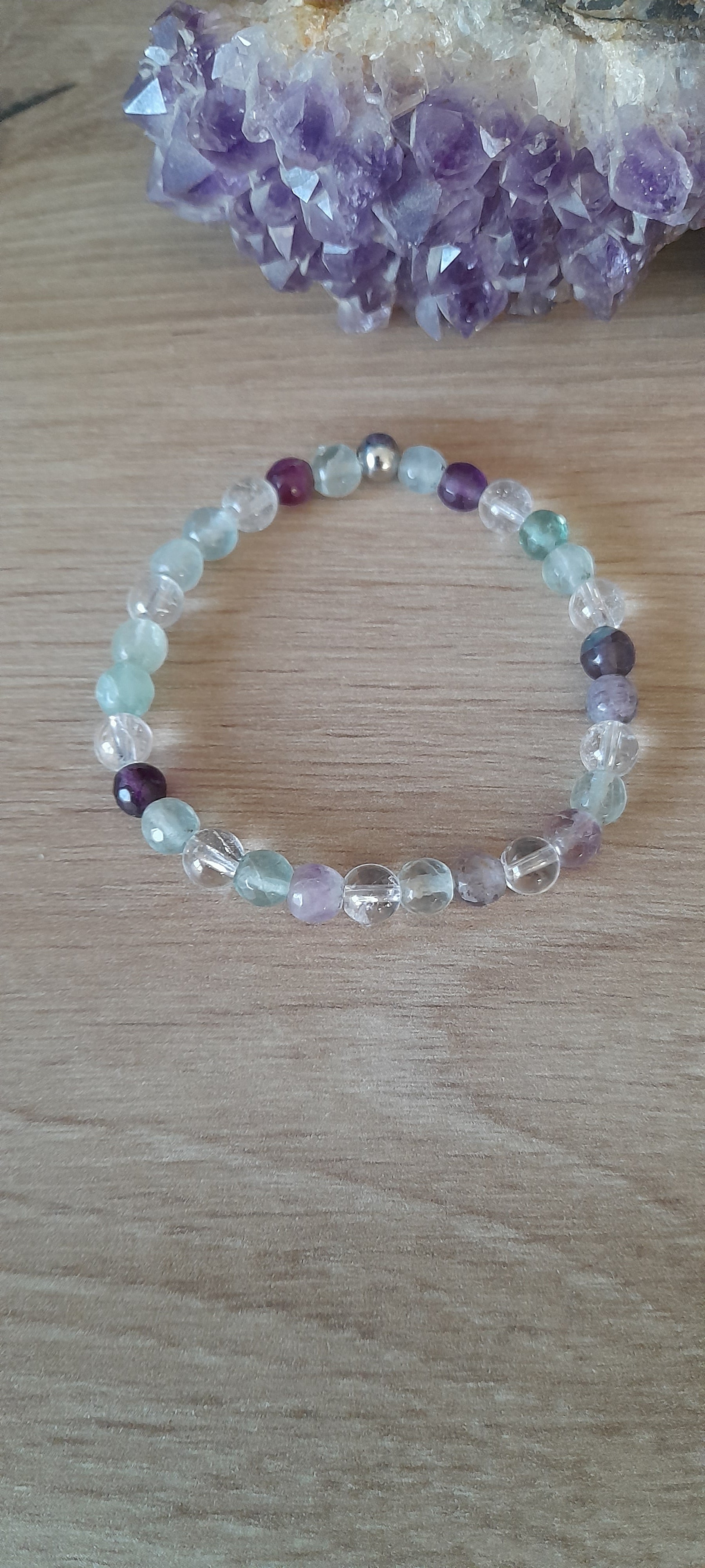 Bracelet fluorite arc en ciel cristal de roche, pierre naturelle, facette