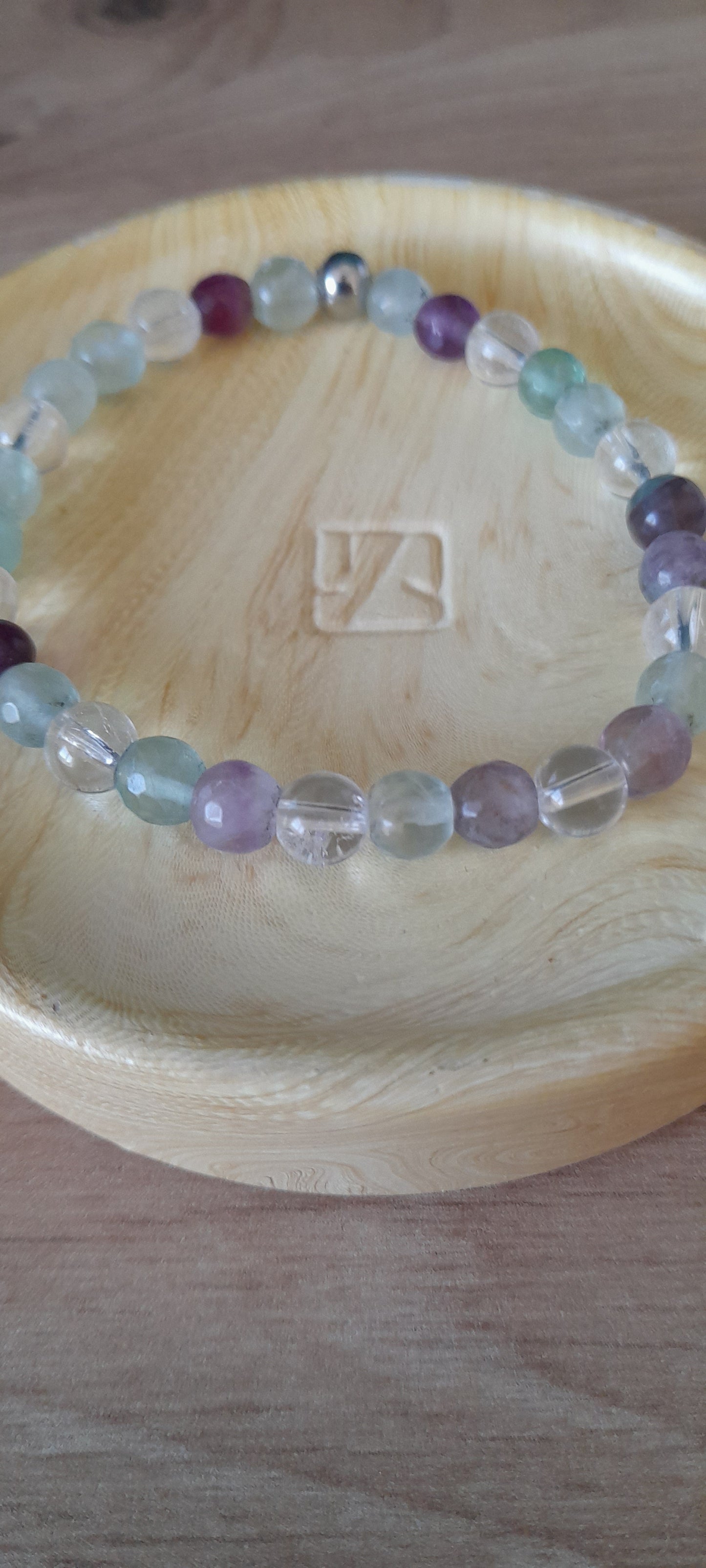 Bracelet fluorite arc en ciel cristal de roche, pierre naturelle, facettée